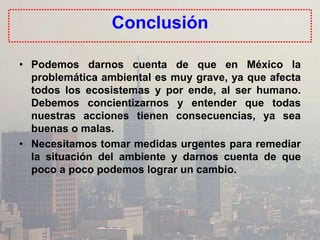 • Podemos darnos cuenta de que en México la
problemática ambiental es muy grave, ya que afecta
todos los ecosistemas y por ende, al ser humano.
Debemos concientizarnos y entender que todas
nuestras acciones tienen consecuencias, ya sea
buenas o malas.
• Necesitamos tomar medidas urgentes para remediar
la situación del ambiente y darnos cuenta de que
poco a poco podemos lograr un cambio.
Conclusión
 