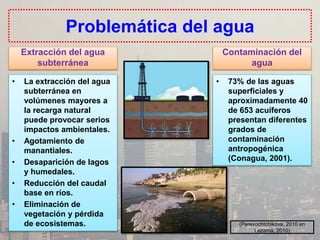 Problemática del agua
Extracción del agua
subterránea
• La extracción del agua
subterránea en
volúmenes mayores a
la recarga natural
puede provocar serios
impactos ambientales.
• Agotamiento de
manantiales.
• Desaparición de lagos
y humedales.
• Reducción del caudal
base en ríos.
• Eliminación de
vegetación y pérdida
de ecosistemas.
Contaminación del
agua
• 73% de las aguas
superficiales y
aproximadamente 40
de 653 acuíferos
presentan diferentes
grados de
contaminación
antropogénica
(Conagua, 2001).
(Perevochtchikova, 2010 en
Lezama, 2010)
 