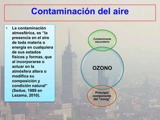 Contaminación del aire
• La contaminación
atmosférica, es “la
presencia en el aire
de toda materia o
energía en cualquiera
de sus estados
físicos y formas, que
al incorporarse o
actuar en la
atmósfera altera o
modifica su
composición y
condición natural”
(Sedue, 1989 en
Lezama, 2010).
OZONO
Contaminante
secundario
Principal
componente
del “smog”
 