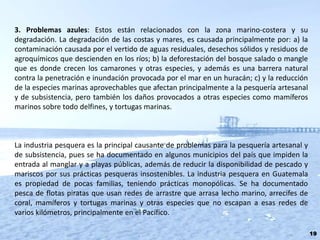 3. Problemas azules: Estos están relacionados con la zona marino-costera y su
degradación. La degradación de las costas y mares, es causada principalmente por: a) la
contaminación causada por el vertido de aguas residuales, desechos sólidos y residuos de
agroquímicos que descienden en los ríos; b) la deforestación del bosque salado o mangle
que es donde crecen los camarones y otras especies, y además es una barrera natural
contra la penetración e inundación provocada por el mar en un huracán; c) y la reducción
de la especies marinas aprovechables que afectan principalmente a la pesquería artesanal
y de subsistencia, pero también los daños provocados a otras especies como mamíferos
marinos sobre todo delfines, y tortugas marinas.



La industria pesquera es la principal causante de problemas para la pesquería artesanal y
de subsistencia, pues se ha documentado en algunos municipios del país que impiden la
entrada al manglar y a playas públicas, además de reducir la disponibilidad de pescado y
mariscos por sus prácticas pesqueras insostenibles. La industria pesquera en Guatemala
es propiedad de pocas familias, teniendo prácticas monopólicas. Se ha documentado
pesca de flotas piratas que usan redes de arrastre que arrasa lecho marino, arrecifes de
coral, mamíferos y tortugas marinas y otras especies que no escapan a esas redes de
varios kilómetros, principalmente en el Pacífico.

                                                                                            19
 
