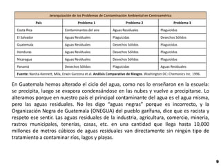 Jerarquización de los Problemas de Contaminación Ambiental en Centroamérica
                País                     Problema 1                     Problema 2                     Problema 3
  Costa Rica                     Contaminantes del aire         Aguas Residuales               Plaguicidas
  El Salvador                    Aguas Residuales               Plaguicidas                    Desechos Sólidos
  Guatemala                      Aguas Residuales               Desechos Sólidos               Plaguicidas
  Honduras                       Aguas Residuales               Desechos Sólidos               Plaguicidas
  Nicaragua                      Aguas Residuales               Desechos Sólidos               Plaguicidas
  Panamá                         Desechos Sólidos               Plaguicidas                    Aguas Residuales
  Fuente: Nanita-Kennett, Mila, Erwin Garzona et al. Análisis Comparativo de Riesgos. Washington DC: Chemonics Inc. 1996.

En Guatemala hemos alterado el ciclo del agua, como nos lo enseñaron en la escuela:
se precipita, luego se evapora condensándose en las nubes y vuelve a precipitarse. Lo
alteramos porque en nuestro país el principal contaminante del agua es el agua misma,
pero las aguas residuales. No les digo “aguas negras” porque es incorrecto, y la
Organización Negra de Guatemala (ONEGUA) del pueblo garífuna, dice que es racista y
respeto ese sentir. Las aguas residuales de la industria, agricultura, comercio, minería,
rastros municipales, tenerías, casas, etc. en una cantidad que llega hasta 10,000
millones de metros cúbicos de aguas residuales van directamente sin ningún tipo de
tratamiento a contaminar ríos, lagos y playas.



                                                                                                                            9
 