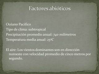 Factores abióticosOcéano PacificoTipo de clima: subtropicalPrecipitación promedio anual: 740 milimetrosTemperatura media anual: 25ºCEl aire: Los vientos dominantes son en dirección noroeste con velocidad promedio de cinco metros por segundo. 