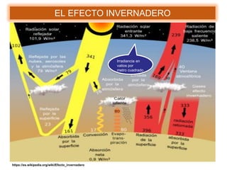 Irradiancia en
vatios por
metro cuadrado
https://es.wikipedia.org/wiki/Efecto_invernadero
EL EFECTO INVERNADERO
 