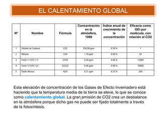 Nº Nombre Fórmula
Concentración
en la
atmósfera,
1998
Índice anual de
crecimiento de
la
concentración
Eficacia como
GEI por
molécula, con
relación al CO2
1 Dióxido de Carbono CO2 350.00 ppm 0.50 % 1
2 Metano CH4 1.70 ppm 0.90 % 20
3 Freón 11 (CFC-11) CFCl3 0.28 ppm 4.00 % 12000
4 Freón 12 (CFC-12) CF2Cl2 0.48 ppm 4.00 % 16000
5 Óxido Nitroso N2O 0.31 ppm 0.25 % 200
Esta elevación de concentración de los Gases de Efecto Invernadero está
haciendo que la temperatura media de la tierra se eleve, lo que se conoce
como calentamiento global. La gran emisión de CO2 crea un desbalance
en la atmósfera porque dicho gas no puede ser fijado totalmente a través
de la fotosíntesis.
EL CALENTAMIENTO GLOBAL
 