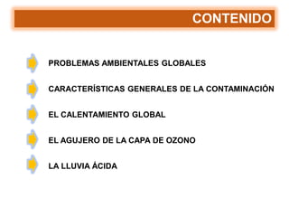 CONTENIDO
PROBLEMAS AMBIENTALES GLOBALES
CARACTERÍSTICAS GENERALES DE LA CONTAMINACIÓN
EL CALENTAMIENTO GLOBAL
EL AGUJERO DE LA CAPA DE OZONO
LA LLUVIA ÁCIDA
 