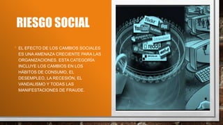 RIESGO SOCIAL
• EL EFECTO DE LOS CAMBIOS SOCIALES
ES UNA AMENAZA CRECIENTE PARA LAS
ORGANIZACIONES. ESTA CATEGORÍA
INCLUYE LOS CAMBIOS EN LOS
HÁBITOS DE CONSUMO, EL
DESEMPLEO, LA RECESIÓN, EL
VANDALISMO Y TODAS LAS
MANIFESTACIONES DE FRAUDE.
 