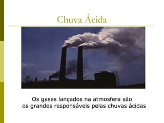 Chuva Ácida
Os gases lançados na atmosfera são
os grandes responsáveis pelas chuvas ácidas
 