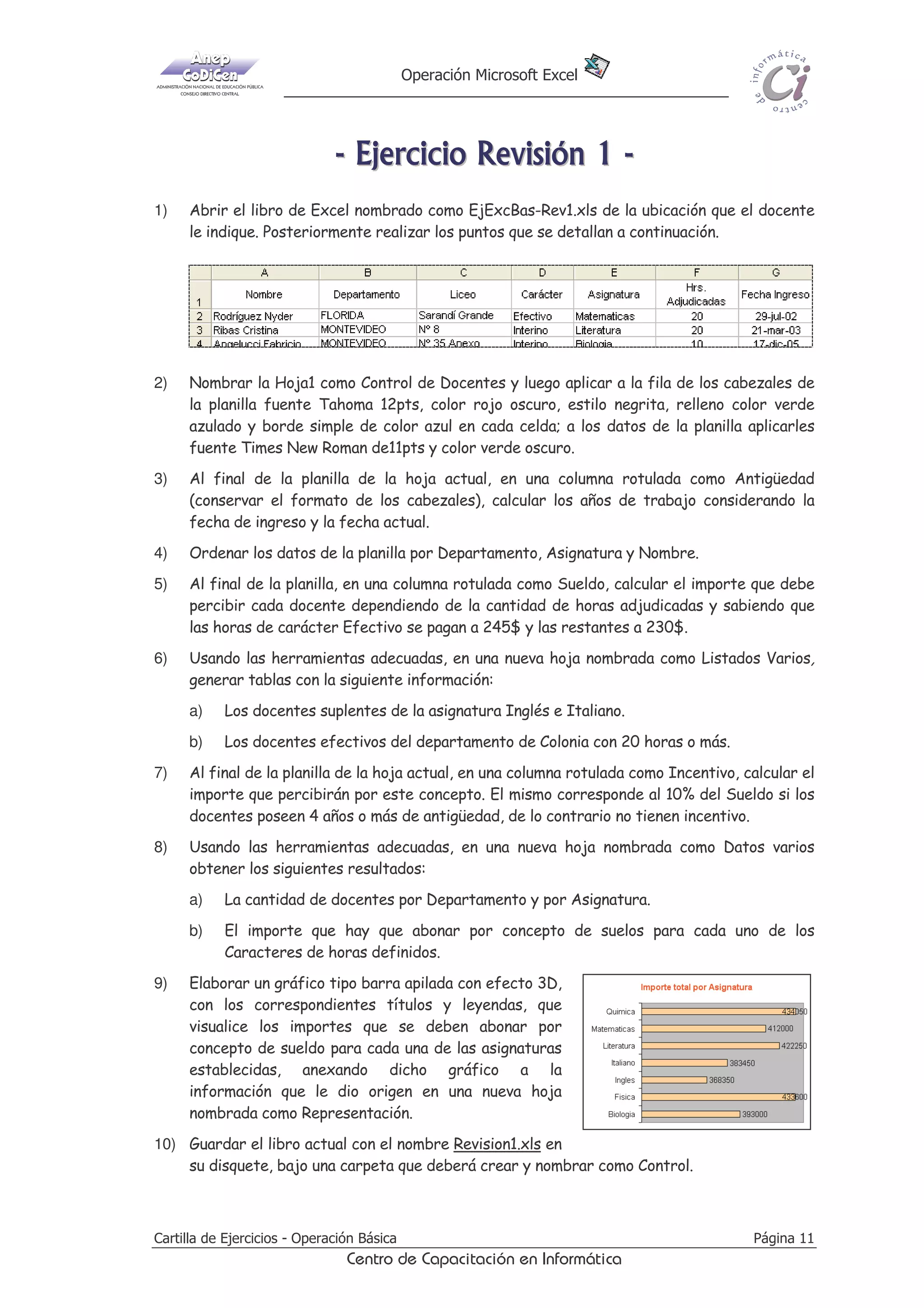 SDUD FDGD FXRWD

7)

(Q XQD QXHYD KRMD OODPDGD (VWDGtVWLFDV VH GHEH PRVWUDU HO WRWDO D FREUDU SRU FDGD
FUpGLWR RWRUJDGR 3DUD HVWR VH GHEHQ FRSLDU ODV FROXPQDV OLHQWH 1UR XRWD  7RWDO
XRWD (Q XQD FROXPQD URWXODGD FRPR 7RWDO D 3DJDU DO ILQDO GH HVWD SODQLOOD FDOFXODU HO
YDORU TXH FRUUHVSRQGD D OD VXPD GH WRGDV ODV FXRWDV SRU FDGD FUpGLWR

8)

6LQ VDOLU GHO OLEUR DFWXDO JXDUGDU HO PLVPR FRQ HO QRPEUH )LQDQ]DV[OV HQ VX GLVTXHWH

9)

RSLDU ODV KRMDV RQWURO )LQDQFLHUR  (VWDGtVWLFDV D XQ QXHYR OLEUR GH ([FHO  HQ HVWH
UHDOL]DU ORV VLJXLHQWHV SXQWRV
a)

(Q OD KRMD RQWURO )LQDQFLHUR FDPELDU ORV YDORUHV GHO 5HFDUJR D 
2EVHUYDU ORV FDPELRV TXH VH SURGXFHQ HQ GLFKD SODQLOOD

H ,9$ D  

b)

(Q XQD FHOGD OLEUH GH OD KRMD (VWDGtVWLFDV DJUHJDU OD FRWL]DFLyQ GHO GyODU GH HVH GtD 