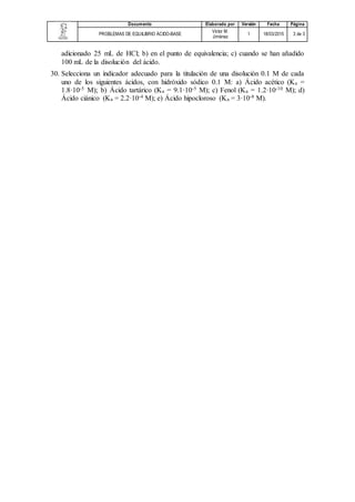 Documento Elaborado por Versión Fecha Página
PROBLEMAS DE EQUILIBRIO ÁCIDO-BASE
Víctor M.
Jiménez
1 18/03/2015 3 de 3
adicionado 25 mL de HCl; b) en el punto de equivalencia; c) cuando se han añadido
100 mL de la disolución del ácido.
30. Selecciona un indicador adecuado para la titulación de una disolución 0.1 M de cada
uno de los siguientes ácidos, con hidróxido sódico 0.1 M: a) Ácido acético (Ka =
1.8·10-5 M); b) Ácido tartárico (Ka = 9.1·10-5 M); c) Fenol (Ka = 1.2·10-10 M); d)
Ácido ciánico (Ka = 2.2·10-4 M); e) Ácido hipocloroso (Ka = 3·10-8 M).
 