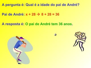 A pergunta é: Qual é a idade do pai de André?

Pai de André: x + 28  8 + 28 = 36

A resposta é: O pai de André tem 36 anos.
 