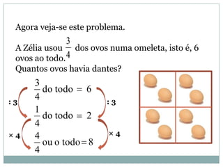 Agora veja-se este problema.
A Zélia usou dos ovos numa omeleta, isto é, 6
ovos ao todo.
Quantos ovos havia dantes?
4
3
8todooou
4
4
2tododo
4
1
6tododo
4
3
: 3
× 4
: 3
× 4
 