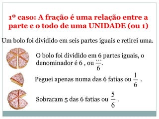 1º caso: A fração é uma relação entre a
parte e o todo de uma UNIDADE (ou 1)
Um bolo foi dividido em seis partes iguais e retirei uma.
O bolo foi dividido em 6 partes iguais, o
denominador é 6 , ou .
6
...
Peguei apenas numa das 6 fatias ou .
6
1
Sobraram 5 das 6 fatias ou .
6
5
 