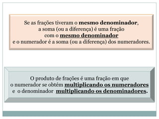 Se as frações tiveram o mesmo denominador,
a soma (ou a diferença) é uma fração
com o mesmo denominador
e o numerador é a soma (ou a diferença) dos numeradores.
O produto de frações é uma fração em que
o numerador se obtém multiplicando os numeradores
e o denominador multiplicando os denominadores.
 