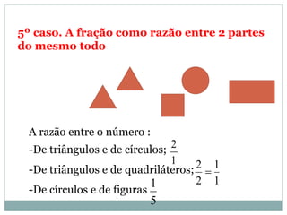 5º caso. A fração como razão entre 2 partes
do mesmo todo
A razão entre o número :
-De triângulos e de círculos;
-De triângulos e de quadriláteros;
-De círculos e de figuras
1
2
1
1
2
2

5
1
 