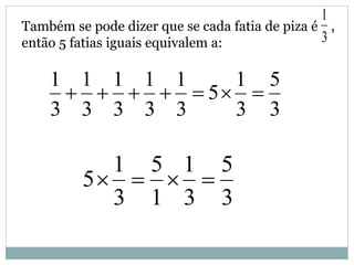 Também se pode dizer que se cada fatia de piza é ,
então 5 fatias iguais equivalem a: 3
1
3
5
3
1
5
3
1
3
1
3
1
3
1
3
1

3
5
3
1
1
5
3
1
5 
 