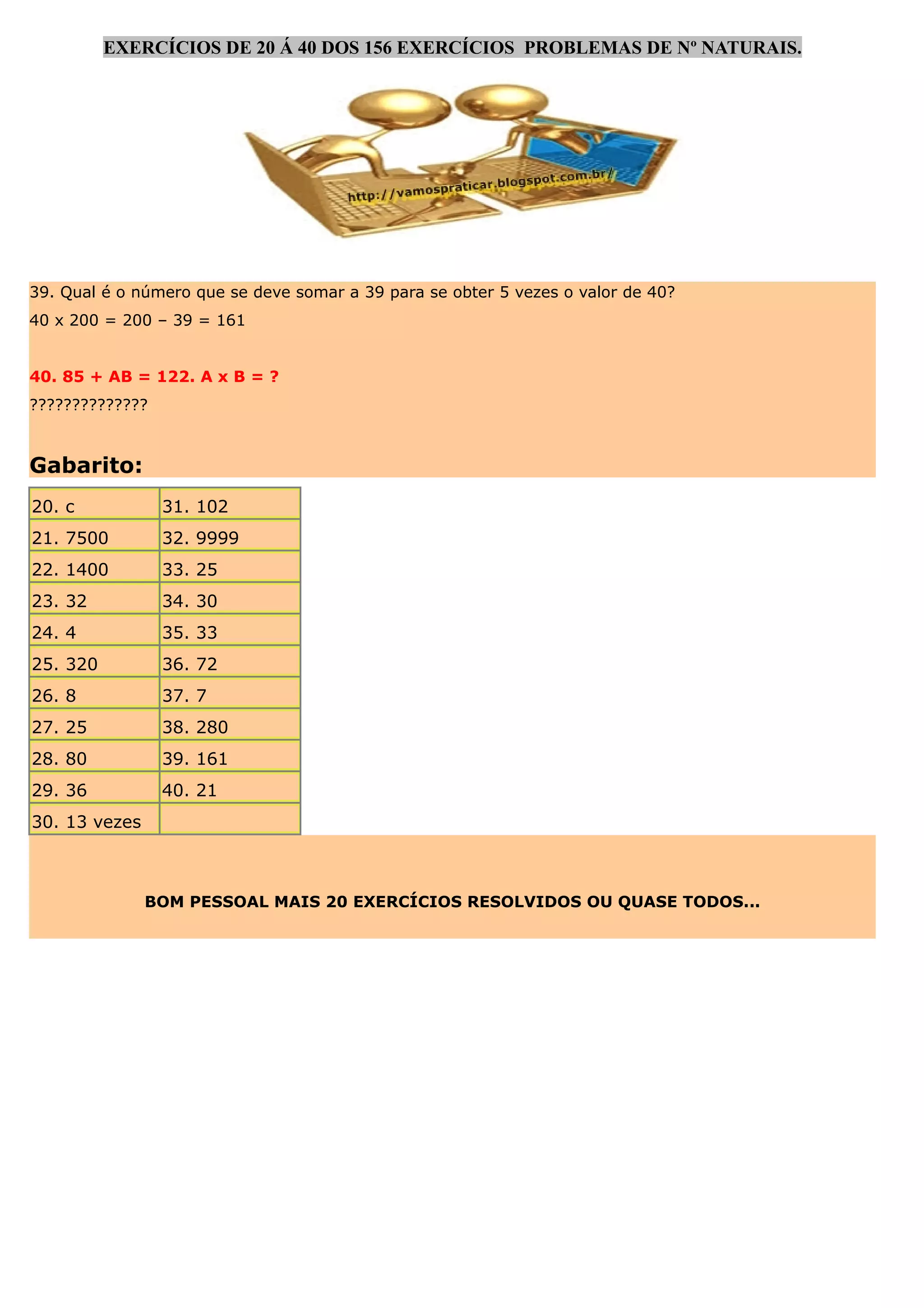 EXERCÍCIOS DE 20 Á 40 DOS 156 EXERCÍCIOS PROBLEMAS DE Nº NATURAIS.

39. Qual é o número que se deve somar a 39 para se obter 5 vezes o valor de 40?
40 x 200 = 200 – 39 = 161
40. 85 + AB = 122. A x B = ?
??????????????

Gabarito:
20. c

31. 102

21. 7500

32. 9999

22. 1400

33. 25

23. 32

34. 30

24. 4

35. 33

25. 320

36. 72

26. 8

37. 7

27. 25

38. 280

28. 80

39. 161

29. 36

40. 21

30. 13 vezes

BOM PESSOAL MAIS 20 EXERCÍCIOS RESOLVIDOS OU QUASE TODOS...

 
