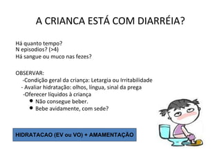 A CRIANCA ESTÁ COM DIARRÉIA?
Há quanto tempo?
N episodios? (>4)
Há sangue ou muco nas fezes?
OBSERVAR:
-Condição geral da criança: Letargia ou Irritabilidade
- Avaliar hidratação: olhos, língua, sinal da prega
-Oferecer líquidos à criança
⚫ Não consegue beber.
⚫ Bebe avidamente, com sede?
HIDRATACAO (EV ou VO) + AMAMENTAÇÃO
 
