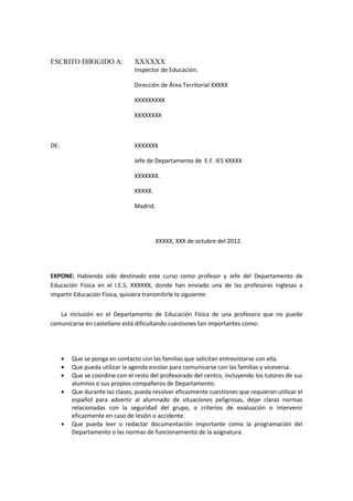 ESCRITO DIRIGIDO A:           XXXXXX
                              Inspector de Educación.

                              ...