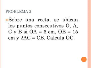 PROBLEMA 2 
Sobre una recta, se ubican los puntos consecutivos O, A, C y B si OA = 6 cm, OB = 15 cm y 2AC = CB. Calcula OC.  
