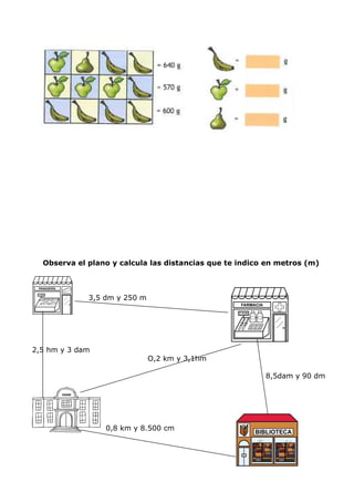 Observa el plano y calcula las distancias que te indico en metros (m)
3,5 dm y 250 m
2,5 hm y 3 dam
O,2 km y 3,1hm
8,5dam y 90 dm
0,8 km y 8.500 cm
 