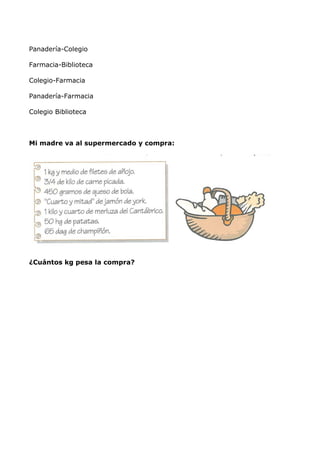 Panadería-Colegio
Farmacia-Biblioteca
Colegio-Farmacia
Panadería-Farmacia
Colegio Biblioteca
Mi madre va al supermercado y compra:
¿Cuántos kg pesa la compra?
 