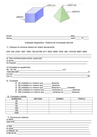 Emeif ______________________________________________________data_____________
Nome______________________________________________________ série _____ nº_____

                    Avaliação diagnóstica - Sistema de numeração decimal

1) Coloque os números abaixo em ordem decrescente:

678- 345- 2345- 1987- 7864 -783-29-786- 871- 5643- 8908- 7632- 456- 1233-09- 6667- 9840
______________________________________________________________________________
______________________________________________________________________________
2) Dos números pares acima, quais são :
a) pares ____________________________________________________________________
b) ímpares _________________________________________________________________

3) Complete as seqüências:
40 - 35 -30- ________, _______, ________, ________, ______ e 0.
1000-900-800 -_______________________________________________________________0.
0,3.6,9, ______________________________________________________________________.
0,6.12 _____________________________________________________________________78.

4) Complete:
        b) 30 unidades é o mesmo que _______ dezenas.
        c) 80 unidades é o mesmo que________ dezenas.
        d) 29 unidades é o mesmo que _______ dezenas e _____ unidades.
        e) 600 unidades é o mesmo que _______centenas ou ________ dezenas.
        f) 300 unidades é o mesmo que _______ centenas ou _______ dezenas.

 6) Complete a tabela:
     NÚMEROS                 METADE                  DOBRO                 TRIPLO
         20
         60
         90
        100
        150
       1000

  7) Escreva por extenso:
a) 9876________________________________________________________________________
b)45.878_______________________________________________________________________
____________________________________________________________________________
c) 780 ______________________________________________________________________
d) 2004______________________________________________________________________
e) R$656, 25__________________________________________________________________
f) R$ 50,50 ____________________________________________________________________
 
