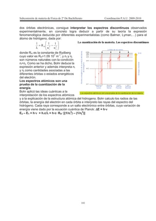 !
! !
dos órbitas electrónicas, consigue interpretar los espectros discontinuos observados
experimentalmente, en concreto logra deducir a partir de su teoría la expresión
fenomenológica deducida por diferentes experimentalistas (como Balmer, Lyman,…) para el
átomo de hidrógeno, dada por:
−=
λ '
<
!!
E
!
donde RH es la constante de Rydberg
cuyo valor es RH=1.09 107
m-1
, y ni y nj
son números naturales con la condición
ni<nj. Como se ha dicho, Bohr deduce la
expresión anterior y además interpreta ni
y nj como cantidades asociadas a las
diferentes órbitas o estados energéticos
del electrón.
Los espectros atómicos son una
prueba de la cuantización de la
energía.
Bohr aplicó las ideas cuánticas a la
interpretación de los espectros atómicos
y a la explicación de la estructura atómica del hidrogeno. Bohr calculo los radios de las
órbitas, la energía del electrón en cada órbita e interpreto las rayas del espectro del
hidrógeno. Cada raya corresponde a un salto electrónico entre órbitas, cuya variación de
energía viene dado por la ecuación cuántica de Planck: ∆∆∆∆E = h·νννν
E2 – E1 = h·νννν = h.c/λλλλ = h·c· RH· [(1/ni
2
) – (1/nj
2
)]
 