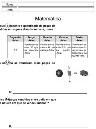 Nome
Data
Matemática
que representa a quantidade de peças de
ndidas em alguns dias da semana, numa
1
Segunda-
-feira
Terça-
-feira
Quarta-
-feira
Quinta-
-feira
Sexta-
-feira
12
Venderam-se
mais 36 que
na segunda-
-feira.
Venderam-se
menos 14 que
na terça-feira.
Venderam-se
mais 8 do que
na quarta-
-feira.
Venderam-se
tantas quanto
se vendeu na
Segunda e na
Quinta-feira.
a semana se venderam mais peças de
1.1
R: _______________________________________________
nça de peças vendidas entre o dia em que
e aquele em que se vendeu menos ?
1.2
R: _______________________________________________
 