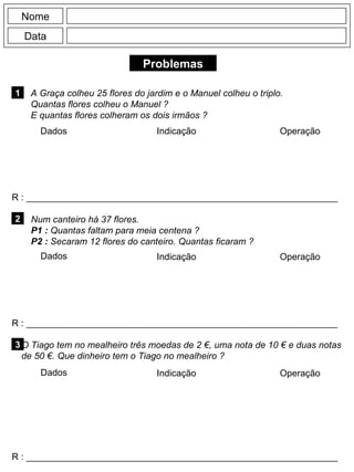 Problemas
1
R : _____________________________________________________________
Dados Indicação Operação
2
R : _____________________________________________________________
Dados Indicação
Nome
Data
Operação
3
R : _____________________________________________________________
Dados Indicação Operação
A Graça colheu 25 flores do jardim e o Manuel colheu o triplo.
Quantas flores colheu o Manuel ?
E quantas flores colheram os dois irmãos ?
Num canteiro há 37 flores.
P1 : Quantas faltam para meia centena ?
P2 : Secaram 12 flores do canteiro. Quantas ficaram ?
O Tiago tem no mealheiro três moedas de 2 €, uma nota de 10 € e duas notas
de 50 €. Que dinheiro tem o Tiago no mealheiro ?
 