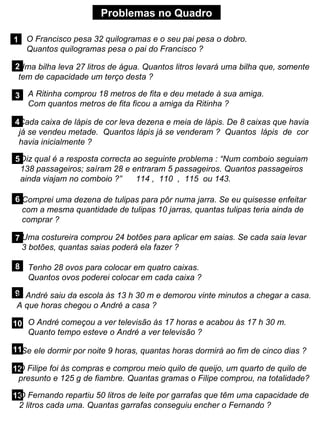Problemas no Quadro
1 O Francisco pesa 32 quilogramas e o seu pai pesa o dobro.
Quantos quilogramas pesa o pai do Francisco ?
2Uma bilha leva 27 litros de água. Quantos litros levará uma bilha que, somente
tem de capacidade um terço desta ?
3 A Ritinha comprou 18 metros de fita e deu metade à sua amiga.
Com quantos metros de fita ficou a amiga da Ritinha ?
4Cada caixa de lápis de cor leva dezena e meia de lápis. De 8 caixas que havia
já se vendeu metade. Quantos lápis já se venderam ? Quantos lápis de cor
havia inicialmente ?
5Diz qual é a resposta correcta ao seguinte problema : “Num comboio seguiam
138 passageiros; saíram 28 e entraram 5 passageiros. Quantos passageiros
ainda viajam no comboio ?” 114 , 110 , 115 ou 143.
6 Comprei uma dezena de tulipas para pôr numa jarra. Se eu quisesse enfeitar
com a mesma quantidade de tulipas 10 jarras, quantas tulipas teria ainda de
comprar ?
7 Uma costureira comprou 24 botões para aplicar em saias. Se cada saia levar
3 botões, quantas saias poderá ela fazer ?
8 Tenho 28 ovos para colocar em quatro caixas.
Quantos ovos poderei colocar em cada caixa ?
9
O André saiu da escola às 13 h 30 m e demorou vinte minutos a chegar a casa.
A que horas chegou o André a casa ?
10 O André começou a ver televisão às 17 horas e acabou às 17 h 30 m.
Quanto tempo esteve o André a ver televisão ?
11Se ele dormir por noite 9 horas, quantas horas dormirá ao fim de cinco dias ?
12
O Filipe foi às compras e comprou meio quilo de queijo, um quarto de quilo de
presunto e 125 g de fiambre. Quantas gramas o Filipe comprou, na totalidade?
13
O Fernando repartiu 50 litros de leite por garrafas que têm uma capacidade de
2 litros cada uma. Quantas garrafas conseguiu encher o Fernando ?
 