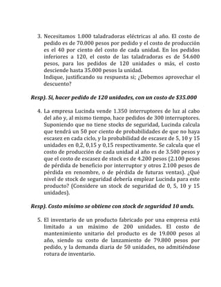 3. Necesitamos	1.000	taladradoras	eléctricas	al	año.	El	costo	de	
pedido	es	de	70.000	pesos	por	pedido	y	el	costo	de	producción	
es	 el	 40	 por	 ciento	 del	 costo	 de	 cada	 unidad.	 En	 los	 pedidos	
inferiores	 a	 120,	 el	 costo	 de	 las	 taladradoras	 es	 de	 54.600	
pesos,	 para	 los	 pedidos	 de	 120	 unidades	 o	 más,	 el	 costo	
desciende	hasta	35.000	pesos	la	unidad.	
	 Indique,	justificando	su	respuesta	si;	¿Debemos	aprovechar	el	
descuento?	
	
Resp).	Si,	hacer	pedido	de	120	unidades,	con	un	costo	de	$35.000	
	
4. La	empresa	Lucinda	vende	1.350	interruptores	de	luz	al	cabo	
del	año	y,	al	mismo	tiempo,	hace	pedidos	de	300	interruptores.	
Suponiendo	que	no	tiene	stocks	de	seguridad,	Lucinda	calcula	
que	tendrá	un	50	por	ciento	de	probabilidades	de	que	no	haya	
escasez	en	cada	ciclo,	y	la	probabilidad	de	escasez	de	5,	10	y	15	
unidades	en	0,2,	0,15	y	0,15	respectivamente.	Se	calcula	que	el	
costo	de	producción	de	cada	unidad	al	año	es	de	3.500	pesos	y	
que	el	costo	de	escasez	de	stock	es	de	4.200	pesos	(2.100	pesos	
de	pérdida	de	beneficio	por	interruptor	y	otros	2.100	pesos	de	
pérdida	 en	 renombre,	 o	 de	 pérdida	 de	 futuras	 ventas).	 ¿Qué	
nivel	de	stock	de	seguridad	debería	emplear	Lucinda	para	este	
producto?	(Considere	un	stock	de	seguridad	de	0,	5,	10	y	15	
unidades).		
	
Resp).	Costo	mínimo	se	obtiene	con	stock	de	seguridad	10	unds.	
	
5. El	inventario	de	un	producto	fabricado	por	una	empresa	está	
limitado	 a	 un	 máximo	 de	 200	 unidades.	 El	 costo	 de	
mantenimiento	 unitario	 del	 producto	 es	 de	 19.000	 pesos	 al	
año,	 siendo	 su	 costo	 de	 lanzamiento	 de	 79.800	 pesos	 por	
pedido,	y	la	demanda	diaria	de	50	unidades,	no	admitiéndose	
rotura	de	inventario.	
 