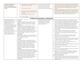 velocidad de pronunciación muy
acelerada. Se podría decir,
entonces, que la taquifemia es un
trastorno que combina el lenguaje y
el habla.
 Hay sonido que no son articulados (o se los
articula de manera incorrecta)
 La pronunciación no es clara
 El niño parece como si se “atropellara” con las
palabras por lo que es muy difícil comprender
lo que dice
 Articulación imprecisa de los fonemas
 Acortan las palabras
Otros componentes del tratamiento
incluyen la mejora de la estructura
narrativa con libros de narración
ilustrados, la práctica de turnos, la
práctica de pausas y la terapia del habla.
niños deberán hablar, moverse, expresarse, sonreír y todas aquellas
cosas que realizan de manera cotidiana pero en forma muy lenta. Este
juego (más que un juego es un modo de distracción y entretenimiento
momentáneo) que permite que el niño descienda los niveles de
ansiedad.
 Grabar las voces de los niños. Se les puede dar como actividad “leer un
cuento entre todos” (unas pocas líneas cada niño). Luego se le pide que
comiencen a leer y se les graba mientras leen. A continuación, y ya a
solas con el niño con taquifemia, se le hace escuchar el audio como
método para reconocimiento y mejora del ritmo de su voz.
Problemas emocionales o conductuales
Los trastornos de conducta,
oposición desafiante, problemas de
alimentación, trastornos de
ansiedad y depresión. La mayor
parte de los trastornos se
incrementan con la edad y la etapa
más prevalente es la adolescencia,
en donde se agudizan todos ellos.
Los varones tienen mayor
probabilidad de desarrollar
trastornos de conducta, TDAH,
autismo o psicosis, mientras que las
mujeres sufren con mayor
frecuencia depresión, ansiedad o
trastornos de alimentación.
En la familia:
Funcional
• Pesadillas, insomnio, terrores nocturnos. • Falta de
apetito o sobreingesta. • Micciones incontroladas. •
Negativa a realizar tareas y participar en actividades.
Conductual
• Ausencia de juego y actividades lúdicas. • Tristeza,
ensimismamiento, apatía, irritabilidad. • Miedos
frecuentes. • Reacciones de ansiedad. • Preocupaciones
excesivas. • Negativa a separarse de los padres. •
Negativa a ir al colegio o actividades fuera de casa. •
Dolor de barriga, dolor de cabeza, cansancio injustificado,
vómitos recurrentes. • Autolesiones. • Frecuentes
cambios de humor
Interpersonal
• Desobediencia, negativismo y conductas desafiantes a
padres. • Agresión, insultos, amenazas a los hermanos. •
Discusiones y riñas frecuentes.
En la escuela:
Funcional
• Falta de persistencia y competencia en la tarea. •
Excesivas interrupciones. • Dificultad para permanecer
sentado. • No respeta turnos, se muestra impaciente. •
No sigue la clase. • Bajo rendimiento escolar. •
Inactividad, desinterés por las tareas. • Realiza las
actividades sin energía, sin ganas. • Pierde lápices y
objetos. • No cuida su material de clase y objetos
personales. • Negativa a realizar tareas y participar.
Conductual
• Ausencia de juego y actividades lúdicas. • Tristeza,
ensimismamiento, apatía, irritabilidad. • Baja autoeficacia.
• Explosiones de ira o enfado. • Aislamiento, retraimiento.
• Ansiedad o bloqueos a los exámenes. • Ansiedad al
hablar en clase. • Excesiva vergüenza y timidez. •
Negativa a permanecer en el colegio. • Dolor de barriga,
dolor de cabeza, cansancio injustificado, vómitos
recurrentes. • Consumo de drogas. • Hiperactividad. •
Problemas de atención. • Pellas, absentismo
Interpersonal
Terapias psicologicas con intervencion
hacia los niños, la familia y de ser
posible formación al profesorado.
Si en el diagnostico lo considera,
medicamento preescrito.
 Entrenar conductas que incrementen la prosocialidad de los niños:
escuchar al otro, formular preguntas, dar las gracias, formular quejas,
presentar a las personas, pedir ayuda, pedir permiso, compartir, ayudar
a los otros, defender a los amigos, defender los derechos propios y
ajenos. Una buena forma de implementar estos comportamientos,
además de la instrucción es mediante juegos de dramatización:
preparar pequeñas escenas o gaps guionados (i.e., anuncios, escenas
de personajes) en los que se incluyan estas habilidades por grupos y
grabarlos en videos. Preparar una pequeña obra de teatro que incluya
estas habilidades.
 Promover conductas de desactivación emocional. Dedicar unos
minutos en el día (i.e., a la vuelta del descanso) para practicar,
respiraciones lentas o estiramientos para relajar un grupo muscular
determinado.
 Proponer lecturas y redacciones sobre emociones (i.e., miedo,
vergüenza, tristeza). Discutir y hablar sobre la descripción de la
emoción, causas, motivos, consecuencias…
 Establecer un panel de normas y sanciones consensuadas y negociadas
en asamblea relativas a la relación con los compañeros, el profesor y el
colegio (i.e, aula, material, espacios comunes).
 Crear un buzón anónimo donde poder enviar alabanzas, quejas o
denuncias sobre los compañeros o la clase.
 Proponer actividades grupales y juegos cooperativos para instruir sobre
habilidades y valores interpersonales.
 Utilizar un sistema de premios para comportamientos prosociales y
buena conducta.
 Realizar cineforums (visionado y debate de películas) sobre contenidos
emocionales y de problemática infantil.
 Establecer un rincón para pensar en el que realizar un tiempo de
reflexión y en el que cumplimentar fichas de resolución de conflictos
(definir el problema, buscar alternativas y posibles soluciones,
establecer un compromiso de cambio).
Ideas de Terri Swanson (2005):
 Estructurar el ambiente disminuyendo la estimulación visual y auditiva,
estableciendo límites visuales claros entre las áreas donde se esperan
diferentes conductas, u organizar los materiales en contenedores que
sean fáciles de usar.
 