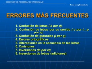 DETECCIÓN DE PROBLEMAS DE APRENDIZAJE ERRORES MÁS FRECUENTES   1. Confusión de letras  ( b por d). 2. Confusión de letras por su sonido  ( c por t , p  por e). 3. Confusión de guturales  (j por g). 4. Errores ortográficos 5. Alteraciones en la secuencia de las letras 6. Omisiones 7. Inversiones  (le por el) 8. Inserciones de letras (adiciones) Tema complementario 