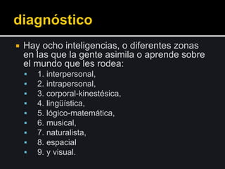  Hay ocho inteligencias, o diferentes zonas
en las que la gente asimila o aprende sobre
el mundo que les rodea:
 1. interpersonal,
 2. intrapersonal,
 3. corporal-kinestésica,
 4. lingüística,
 5. lógico-matemática,
 6. musical,
 7. naturalista,
 8. espacial
 9. y visual.
 