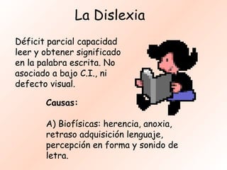 La Dislexia
Déficit parcial capacidad
leer y obtener significado
en la palabra escrita. No
asociado a bajo C.I., ni
defecto visual.

       Causas:

       A) Biofísicas: herencia, anoxia,
       retraso adquisición lenguaje,
       percepción en forma y sonido de
       letra.
 