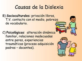 Causas de la Dislexia
B) Socioculturales: privación libros,
  T.V. contacto con el medio, pobreza
  de vocabulario.

C) Psicológicas: alteración dinámica
  familiar, relaciones inadecuadas
  entre pares, experiencias
  traumáticas (proceso adquisición
  padres – docentes).
 
