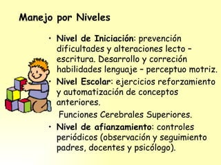 Manejo por Niveles

     • Nivel de Iniciación: prevención
       dificultades y alteraciones lecto –
       escritura. Desarrollo y correción
       habilidades lenguaje – perceptuo motriz.
     • Nivel Escolar: ejercicios reforzamiento
       y automatización de conceptos
       anteriores.
       Funciones Cerebrales Superiores.
     • Nivel de afianzamiento: controles
       periódicos (observación y seguimiento
       padres, docentes y psicólogo).
 