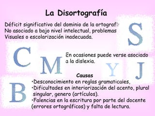 La Disortografía
Déficit significativo del dominio de la ortografía.
No asociado a bajo nivel intelectual, problemas
Visuales o escolarización inadecuada.


                          En ocasiones puede verse asociado
                          a la dislexia.

                               Causas
           •Desconocimiento en reglas gramaticales,
           •Dificultades en interiorización del acento, plural
            singular, genero (artículos).
           •Falencias en la escritura por parte del docente
           (errores ortográficos) y falta de lectura.
 