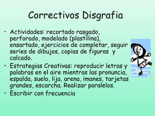 Correctivos Disgrafia
• Actividades: recortado rasgado,
  perforado, modelado (plastilina),
  ensartado, ejercicios de completar, seguir
  series de dibujos, copias de figuras y
  calcado.
• Estrategias Creativas: reproducir letras y
  palabras en el aire mientras las pronuncia,
  espalda, suelo, lija, arena, imanes, tarjetas
  grandes, escarcha. Realizar paralelos.
• Escribir con frecuencia
 