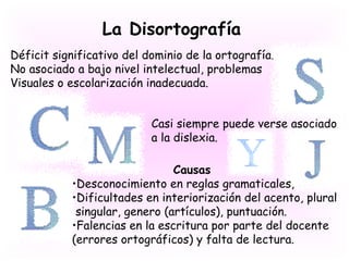 La Disortografía
Déficit significativo del dominio de la ortografía.
No asociado a bajo nivel intelectual, problemas
Visuales o escolarización inadecuada.


                           Casi siempre puede verse asociado
                           a la dislexia.

                               Causas
           •Desconocimiento en reglas gramaticales,
           •Dificultades en interiorización del acento, plural
            singular, genero (artículos), puntuación.
           •Falencias en la escritura por parte del docente
           (errores ortográficos) y falta de lectura.
 