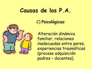 Causas de los P.A.
     C) Psicológicas:

      Alteración dinámica
      familiar, relaciones
      inadecuadas entre pares,
      experiencias traumáticas
      (proceso adquisición
      padres – docentes).
 
