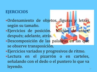 EJERCICIOS

•Ordenamiento de objetos, figuras y letras
 según su tamaño.
•Ejercicios de posición. Noción de antes,
 después; adelante, atrás.
•Descomposición de las palabras en las que
 se observe transposición.
•Ejercicios variados y progresivos de ritmo.
•Lectura en el pizarrón o en carteles,
 señalando con el dedo o el puntero lo que va
 leyendo.                                       20
 