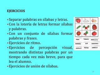 EJERCICIOS

•Separar palabras en sílabas y letras.
•Con la lotería de letras formar sílabas
 y palabras.
•Con un conjunto de sílabas formar
 palabras y frases.
•Ejercicios de ritmo.
•Ejercicios de percepción visual,
 mostrando distintas palabras por un
 tiempo cada vez más breve, para que
 lea el alumno.
•Ejercicios de unión de sílabas.
                                           28
 