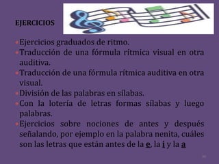 EJERCICIOS

•Ejercicios graduados de ritmo.
•Traducción de una fórmula rítmica visual en otra
 auditiva.
•Traducción de una fórmula rítmica auditiva en otra
 visual.
•División de las palabras en sílabas.
•Con la lotería de letras formas sílabas y luego
 palabras.
•Ejercicios sobre nociones de antes y después
 señalando, por ejemplo en la palabra nenita, cuáles
 son las letras que están antes de la e, la i y la a
                                                   30
 