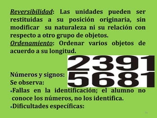 Reversibilidad: Las unidades pueden ser
restituidas a su posición originaria, sin
modificar su naturaleza ni su relación con
respecto a otro grupo de objetos.
Ordenamiento: Ordenar varios objetos de
acuerdo a su longitud.


Números y signos:
Se observa:
Fallas en la identificación; el alumno no

 conoce los números, no los identifica.
Dificultades específicas:
                                         34
 