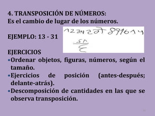 4. TRANSPOSICIÓN DE NÚMEROS:
Es el cambio de lugar de los números.

EJEMPLO: 13 - 31

EJERCICIOS
•Ordenar objetos, figuras, números, según el
 tamaño.
•Ejercicios de posición (antes-después;
 delante-atrás).
•Descomposición de cantidades en las que se
 observa transposición.
                                           37
 