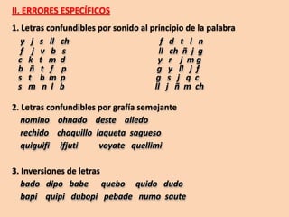 II. ERRORES ESPECÍFICOS
1. Letras confundibles por sonido al principio de la palabra
   y j s ll ch                           f d t l n
   f j v b s                            ll ch ñ j g
  c k t m d                            y r j mg
  b ñ t f p                            g y ll j f
  s t b m p                           g s j q c
  s m n l b                           ll j ñ m ch

2. Letras confundibles por grafía semejante
   nomino ohnado deste alledo
   rechido chaquillo laqueta sagueso
   quiguifi ifjuti     voyate quellimi

3. Inversiones de letras
   bado dipo babe quebo quido dudo
   bapi quipi dubopi pebade numo saute
 