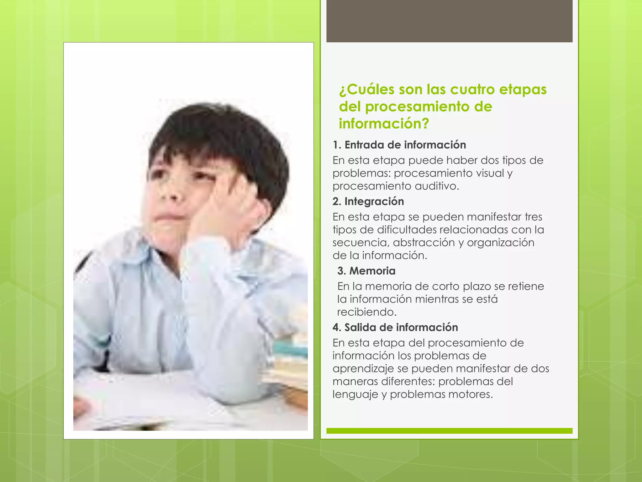 ¿Cuáles son las cuatro etapas 
del procesamiento de 
información? 
1. Entrada de información 
En esta etapa puede haber dos tipos de 
problemas: procesamiento visual y 
procesamiento auditivo. 
2. Integración 
En esta etapa se pueden manifestar tres 
tipos de dificultades relacionadas con la 
secuencia, abstracción y organización 
de la información. 
3. Memoria 
En la memoria de corto plazo se retiene 
la información mientras se está 
recibiendo. 
4. Salida de información 
En esta etapa del procesamiento de 
información los problemas de 
aprendizaje se pueden manifestar de dos 
maneras diferentes: problemas del 
lenguaje y problemas motores. 
 
