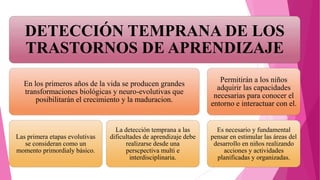 DETECCIÓN TEMPRANA DE LOS
TRASTORNOS DE APRENDIZAJE
En los primeros años de la vida se producen grandes
transformaciones biológicas y neuro-evolutivas que
posibilitarán el crecimiento y la maduracion.
Las primera etapas evolutivas
se consideran como un
momento primordialy básico.
La detección temprana a las
dificultades de aprendizaje debe
realizarse desde una
perscpectiva multi e
interdisciplinaria.
Permitirán a los niños
adquirir las capacidades
necesarias para conocer el
entorno e interactuar con el.
Es necesario y fundamental
pensar en estimular las áreas del
desarrollo en niños realizando
acciones y actividades
planificadas y organizadas.
 