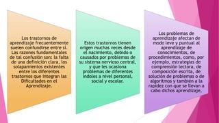Los trastornos de
aprendizaje frecuentemente
suelen confundirse entre sí.
Las razones fundamentales
de tal confusión son: la falta
de una definición clara, los
solapamientos existentes
entre los diferentes
trastornos que integran las
Dificultades en el
Aprendizaje.
Estos trastornos tienen
origen muchas veces desde
el nacimiento, debido o
causados por problemas de
su sistema nervioso central,
y que les ocasiona
problemas de diferentes
índoles a nivel personal,
social y escolar.
Los problemas de
aprendizaje afectan de
modo leve y puntual al
aprendizaje de
conocimientos, de
procedimientos, como, por
ejemplo, estrategias de
comprensión lectora, de
composición escrita, de
solución de problemas o de
algoritmos y también a la
rapidez con que se llevan a
cabo dichos aprendizaje,
 